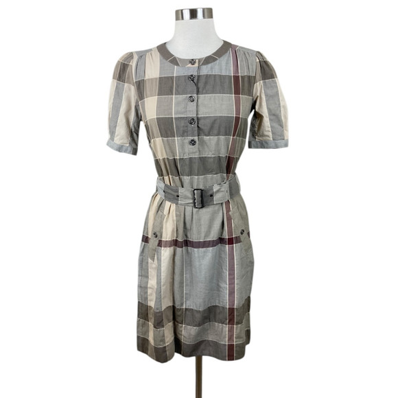 Burberry Brit NEW Light Military Khaki Plaid Belted Shirt Dress Size 2 Old Money - Picture 1 of 5
